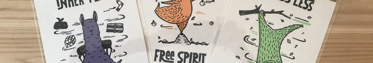 Three linoleum prints depicting a llama, an sloth and a capibara with funny affirming messages