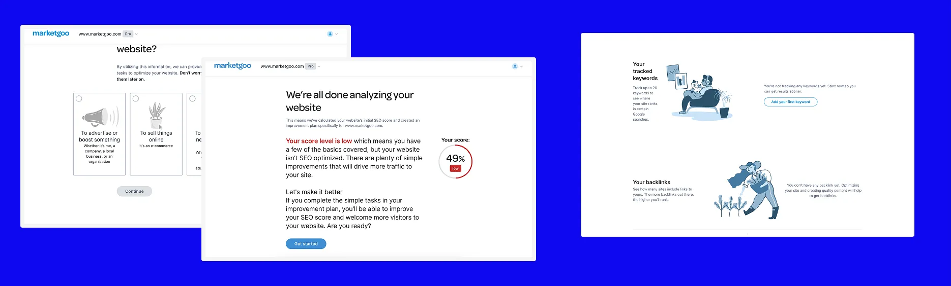 marketgoo onboarding wizard screens