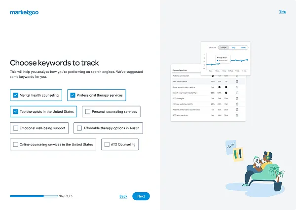 Choosing keywords to track in the marketgoo wizard
